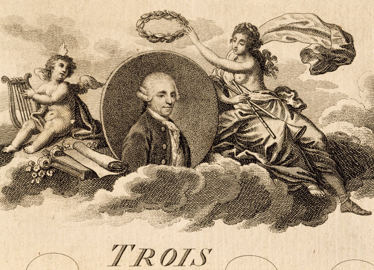 Allégorie de Franz Joseph Haydn (1732-1809) sur la page de titre de la partition pour Trois Quatuors, Opus 75, Livre I - Unknown artist