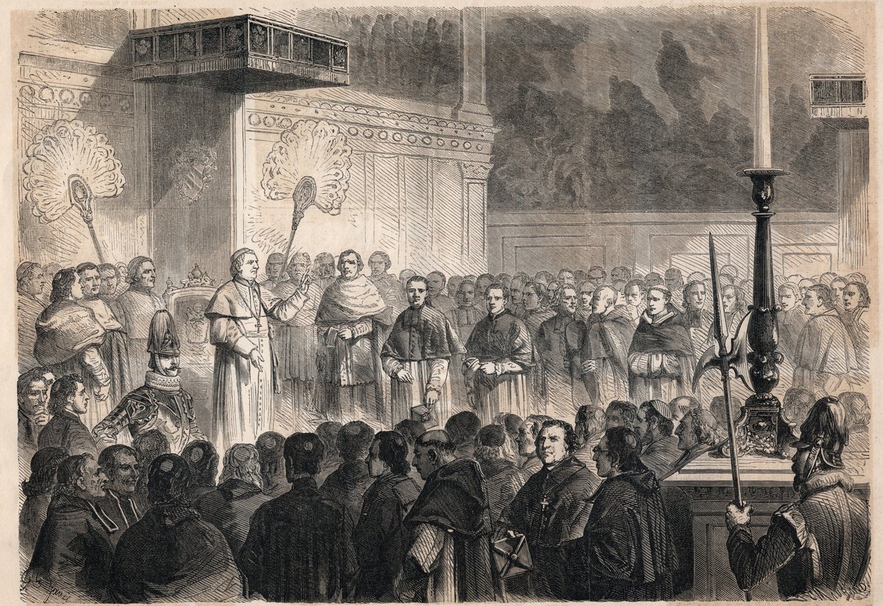 Audience donnée par le pape Pie IX (1792-1878) à des ecclésiastiques étrangers dans la chapelle Sixtine à Rome à l