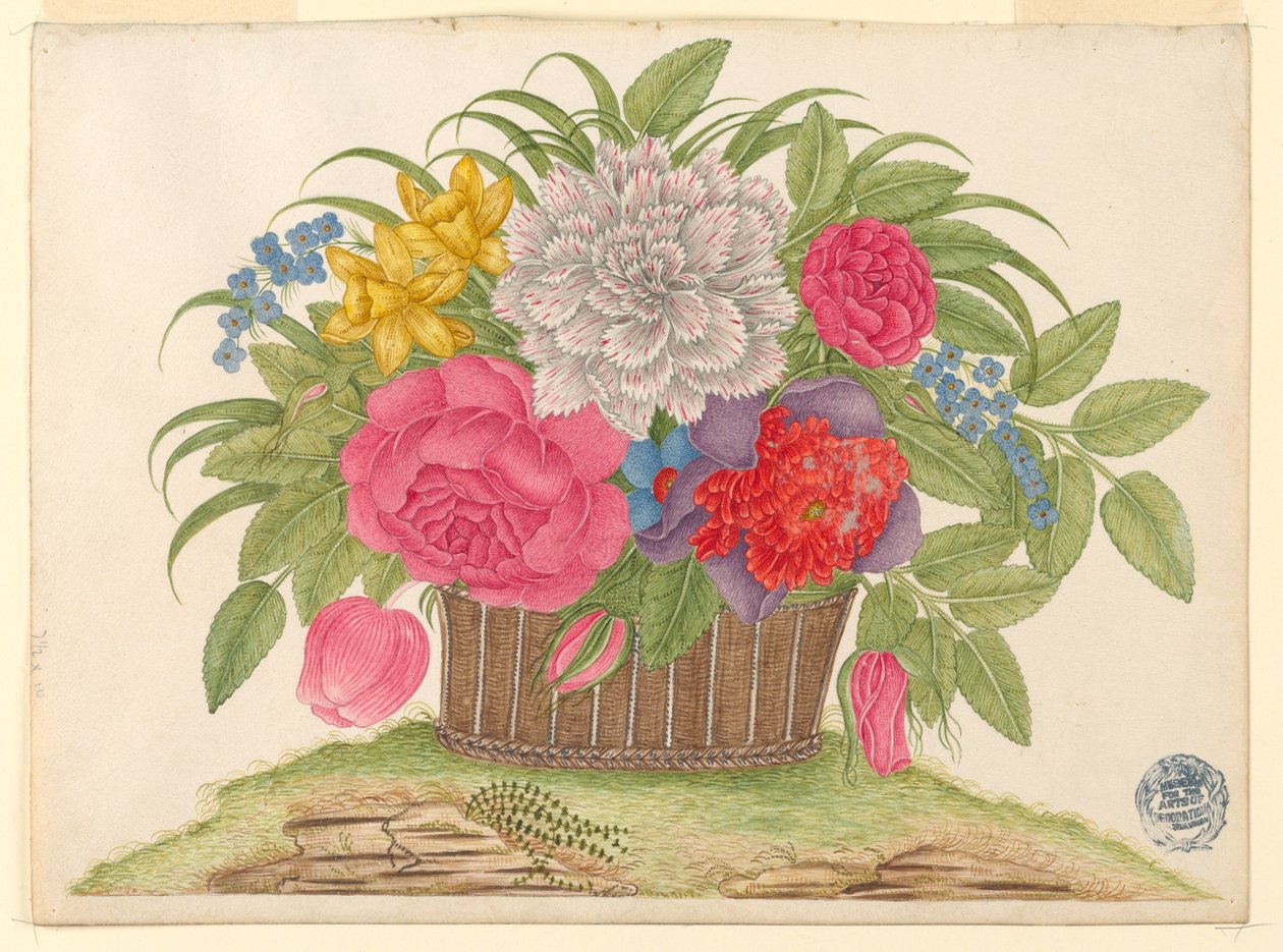 Panier de fleurs et de feuilles sur la terre - Unknown artist
