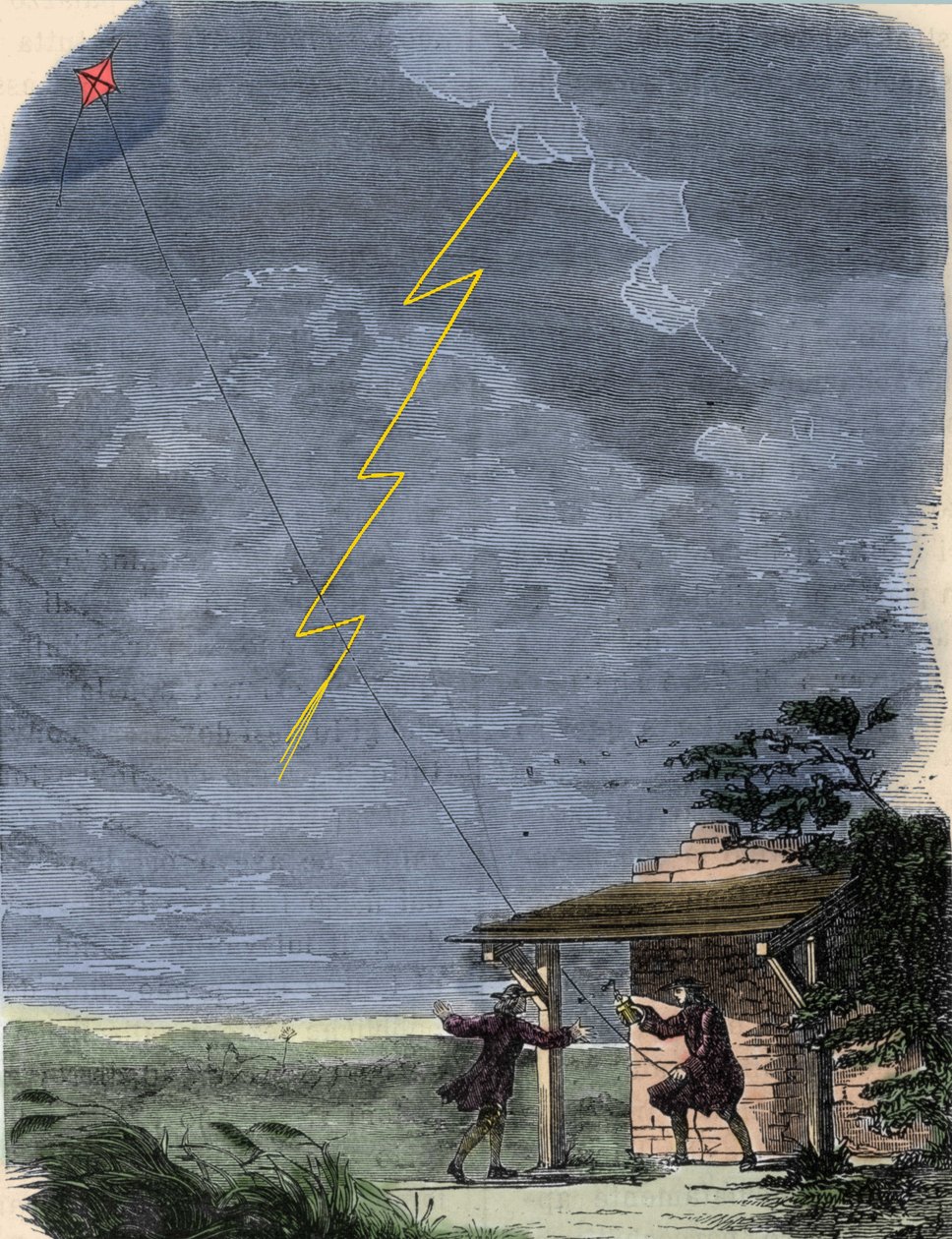 Benjamin Franklin, philosophe, physicien et ambassadeur américain, expérimentant son paratonnerre monté sur un cerf-volant. Septembre 1752. - Unknown artist
