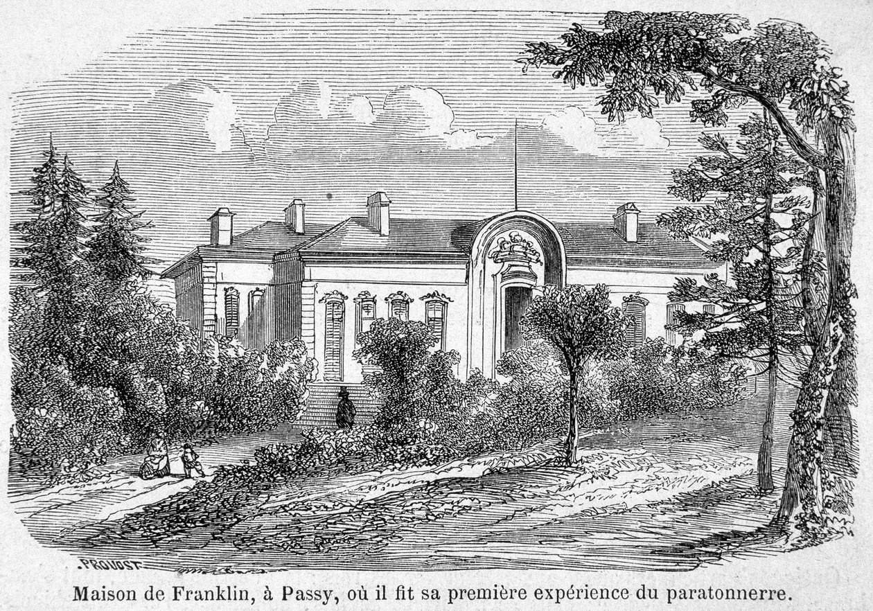 Maison de Benjamin Franklin à Passy, où il fit sa première expérience de paratonnerre - gravure - Unknown artist