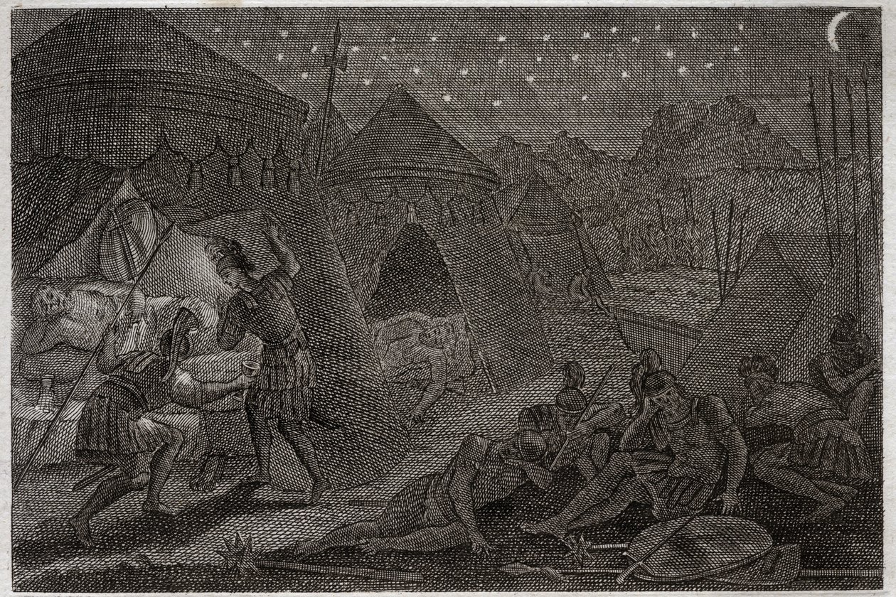Bible de Royaumont, Ancien Testament : David épargne Saül. David a Saül à sa merci, mais il ne le blesse pas. Il prend juste la lance et sa coupe. Illustration de 1811. - Unknown artist