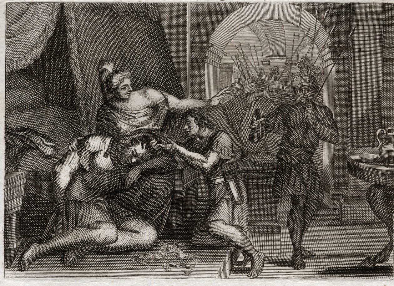 Bible de Royaumont, Ancien Testament : Mort de Samson. Samson révèle à Dalila que sa force réside dans ses cheveux. Elle les coupe et fait entrer les soldats philistins dans la chambre. Illustration de 1811. - Unknown artist