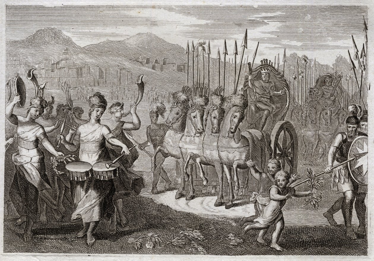 Bible de Royaumont, Ancien Testament : Triomphe de David. Après que David a vaincu le géant Goliath, les femmes d