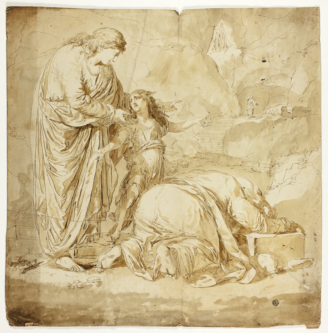 Scène biblique avec deux femmes et un enfant au premier plan - Unknown artist