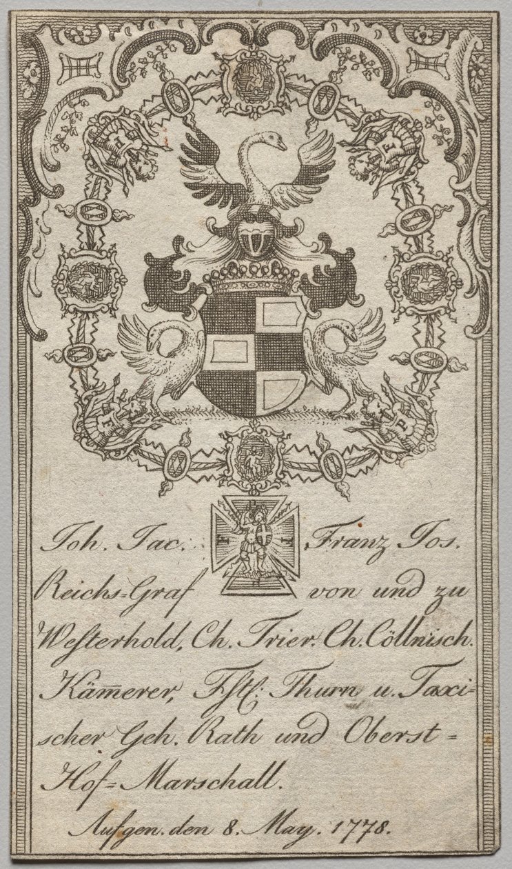 Ex-libris : Johan. Jac. Franz-Joseph, Reichs-Graf von Westerhold - Unknown artist