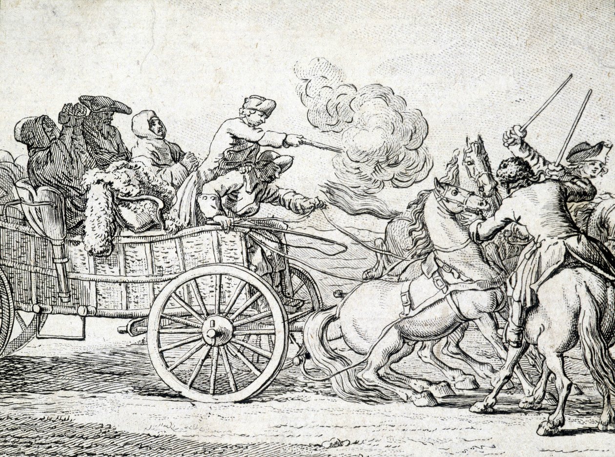 Brigands attaquant des passagers sur une charrette. Gravure par un anonyme du 18e siècle. - Unknown artist