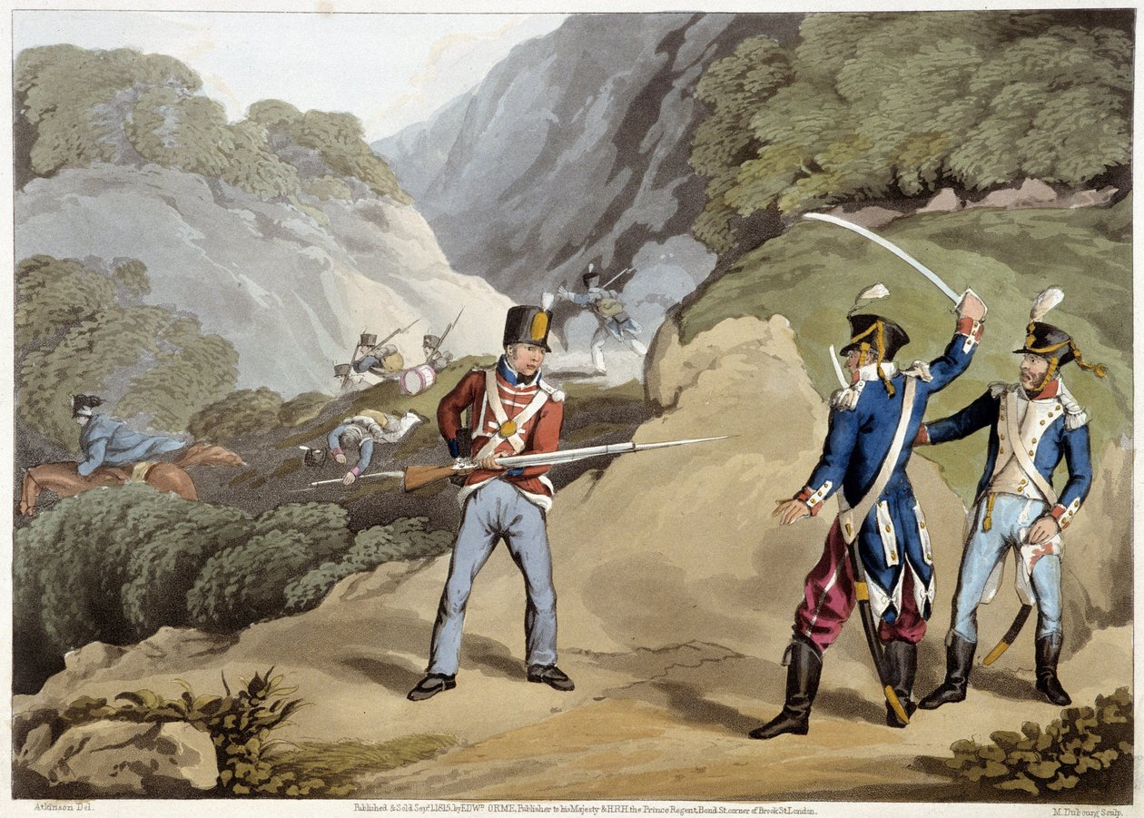 Soldat britannique capturant deux officiers français à la bataille des Pyrénées - dans « Anecdotes historiques, militaires et navales... » par Edward Orne - Unknown artist