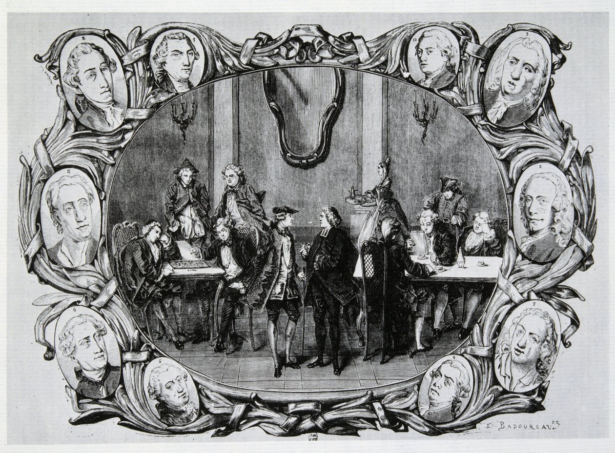 Café Procope à Paris au XVIIIe siècle avec Buffon, Gilbert, Diderot, D