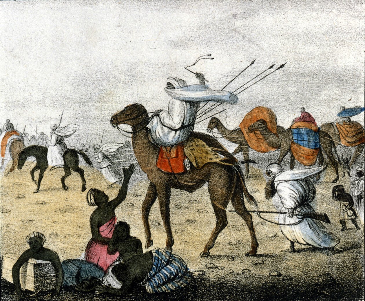 Caravane dans le désert au Maroc pendant une tempête de sable. - Unknown artist