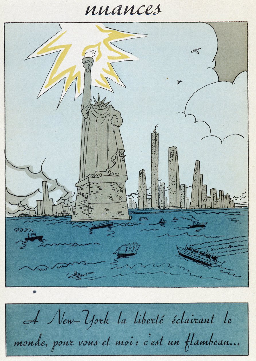 Caricature de la Statue de la Liberté aux États-Unis : "La liberté à New York illuminant le monde, pour vous et moi c