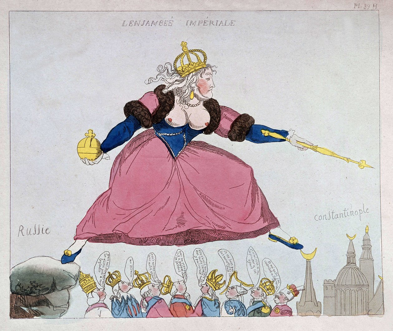 Catherine-II sautant de la Russie à Constantinople par-dessus les souverains européens, caricature, fin 18ème siècle - Unknown artist