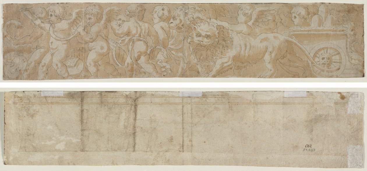 Char tiré par des lions avec amorini (recto) Étude architecturale partielle (verso) - Unknown artist