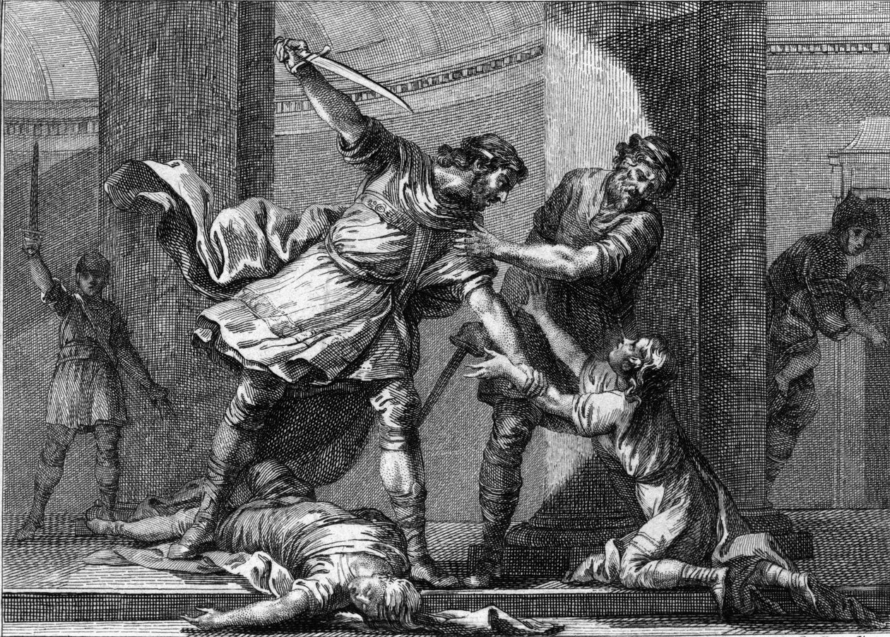 Clotaire I (v.497-561) et Childebert I, rois francs, assassinant deux fils de leur frère Clodomir (495-524). Gravure du XVIIIe siècle. - Unknown artist