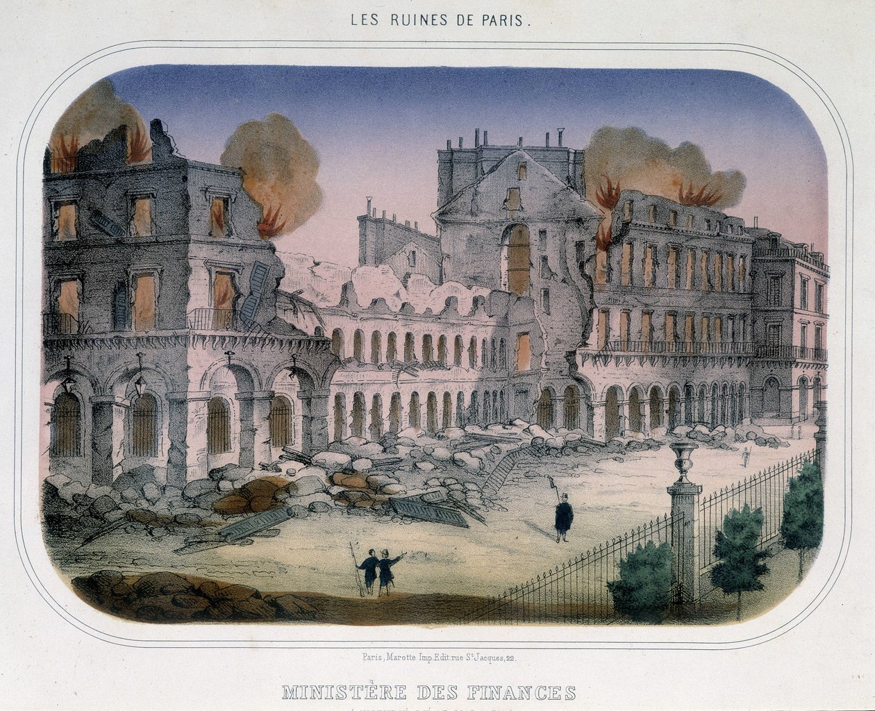 Commune de Paris : Incendie au Ministère des Finances (au moment des Tuileries) le 24 mai 1871. Gravure du 19e siècle. - Unknown artist