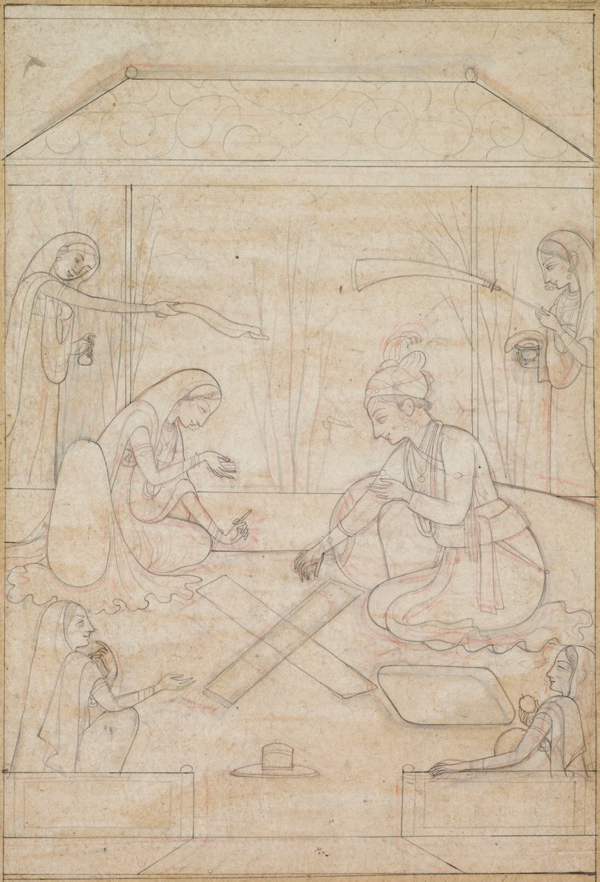 Couple jouant au Chaupar sur une terrasse - Unknown artist