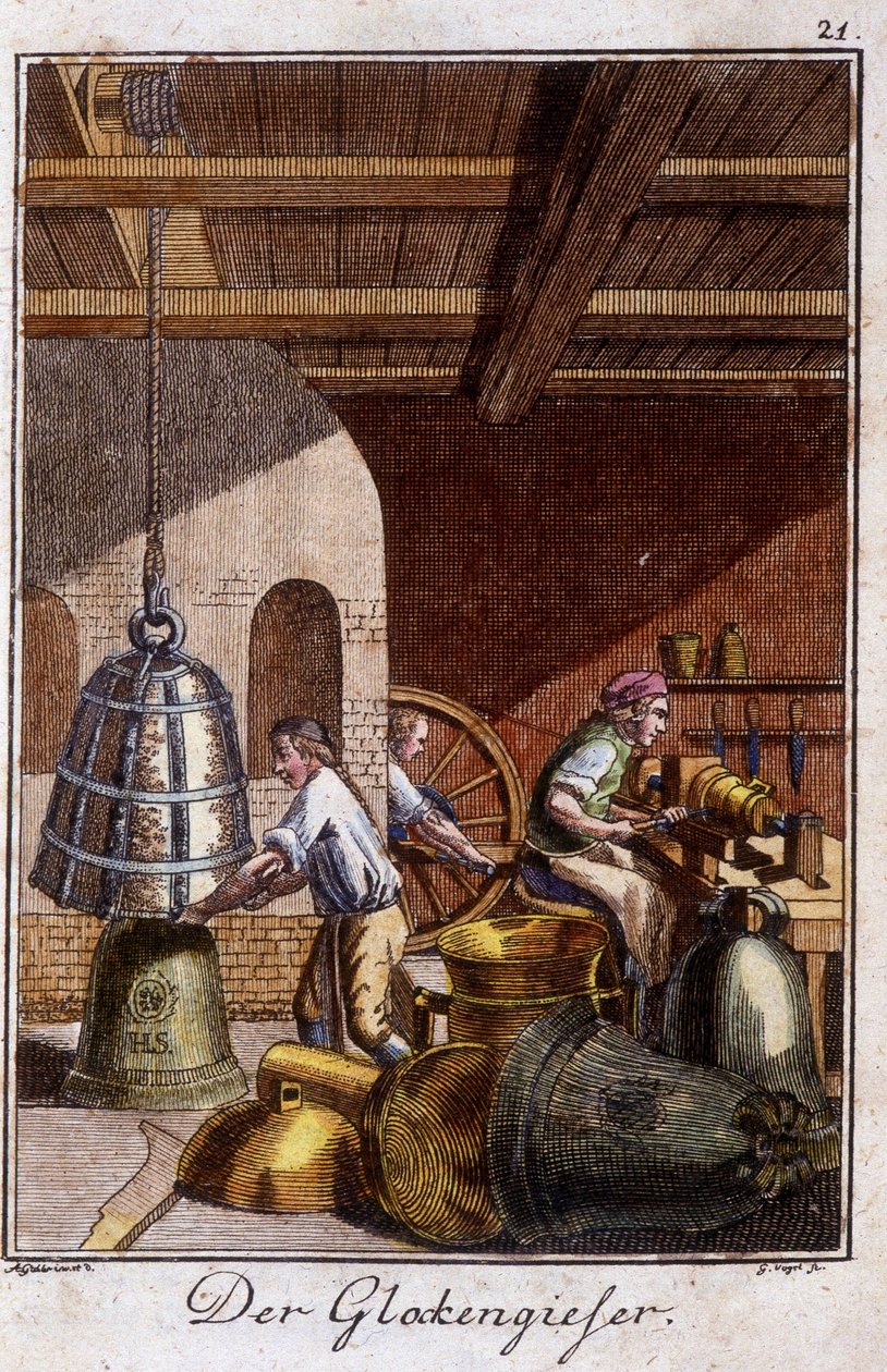 Artisanat : le fondeur de cloches dans son atelier. Dans « Description complète des arts et métiers et ateliers pour les jeunes » par Johan Peter Vue. Éd. Nuremberg, Weigel et Schneider - Unknown artist