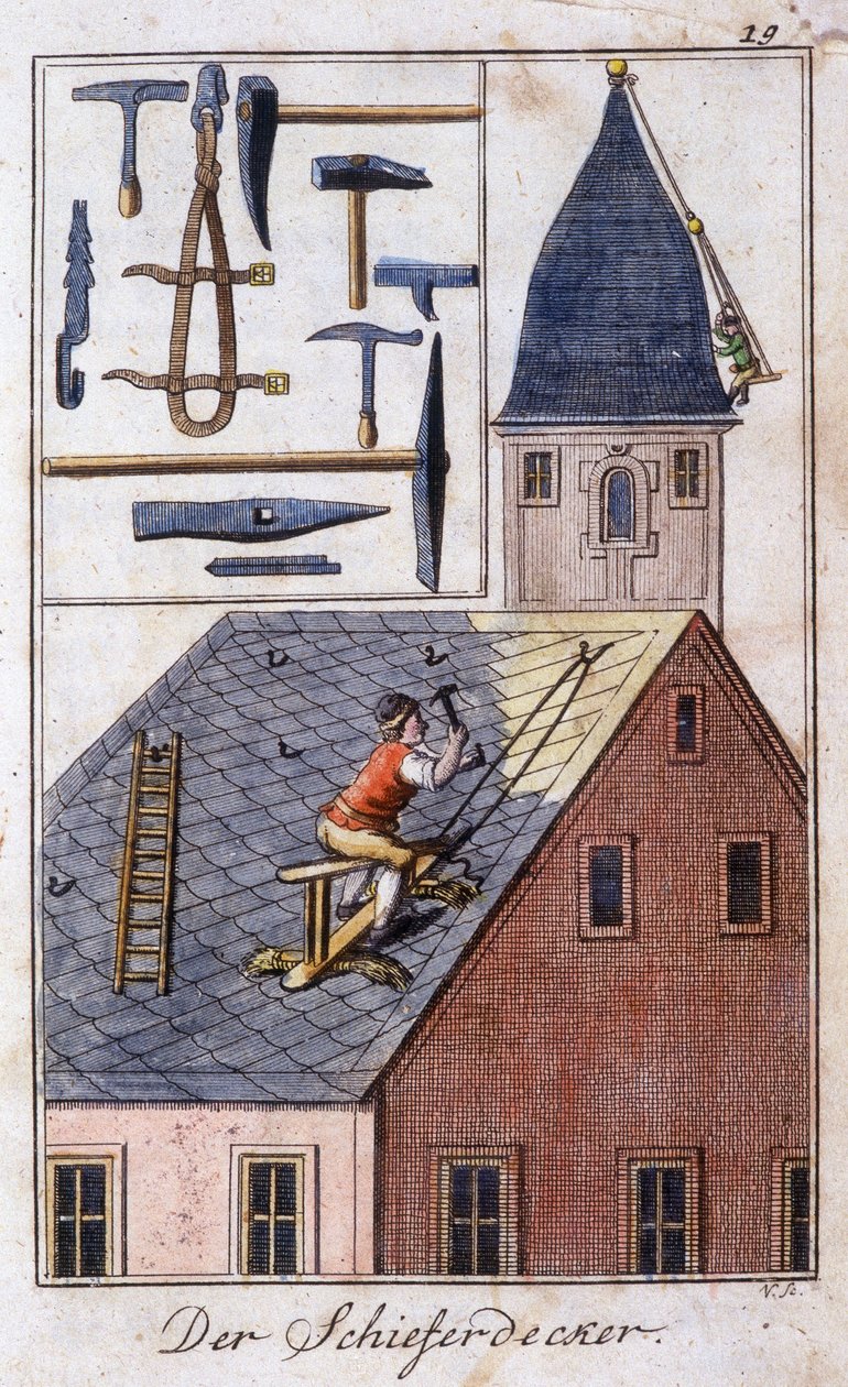 Artisanat : le couvreur en ardoise et ses outils de travail. Dans « Description complète des arts et métiers et ateliers pour les jeunes » par Johan Peter Vue. Éd. Nuremberg, Weigel et Schneider - Unknown artist