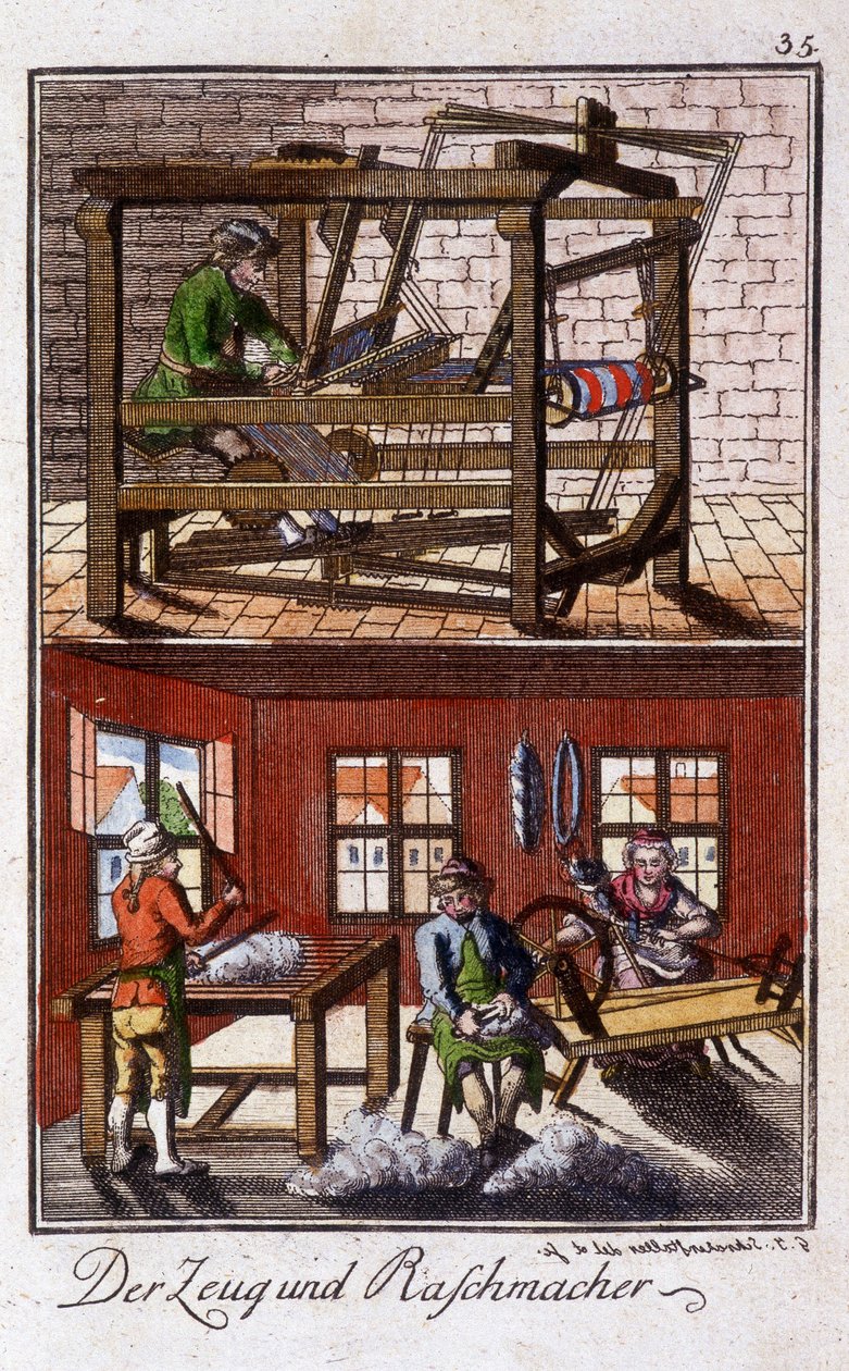 Métiers : le tisserand dans son atelier. Dans « Description complète des arts et métiers et ateliers pour les jeunes » par Johan Peter Vue. Éd. Nuremberg, Weigel et Schneider - Unknown artist
