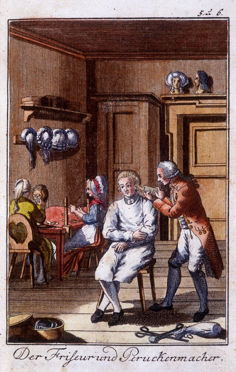 Métiers : coiffeur et perruquier dans leur atelier. Dans « Description complète des arts et métiers et ateliers pour les jeunes » par Johan Peter Vue. Éd. Nuremberg, Weigel et Schneider - Unknown artist