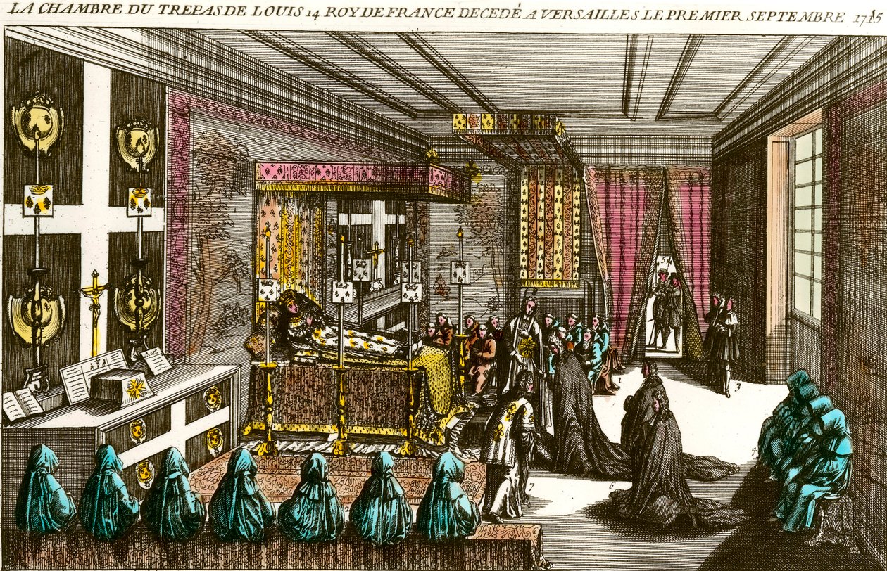 Mort du roi Louis XIV : la chambre mortuaire de Louis XIV (1638-1715), connu sous le nom de Roi Soleil, décédé à Versailles le 1/09/1715. Gravure du 18ème siècle Collection privée - Unknown artist