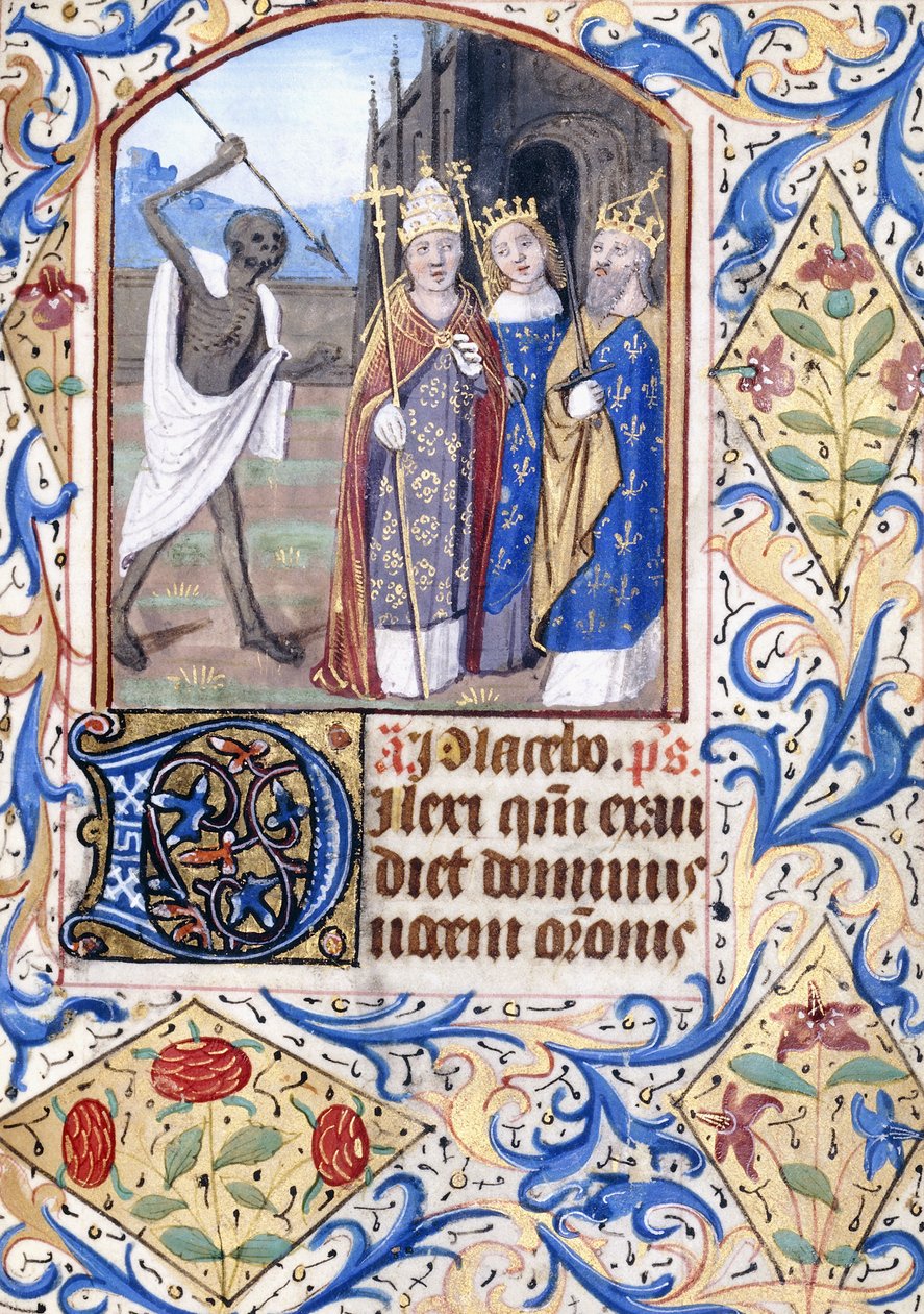 La Mort avec sa lance pointée sur trois figures, un pape, un roi et une reine, devant une église gothique, vers 1470 - Unknown artist