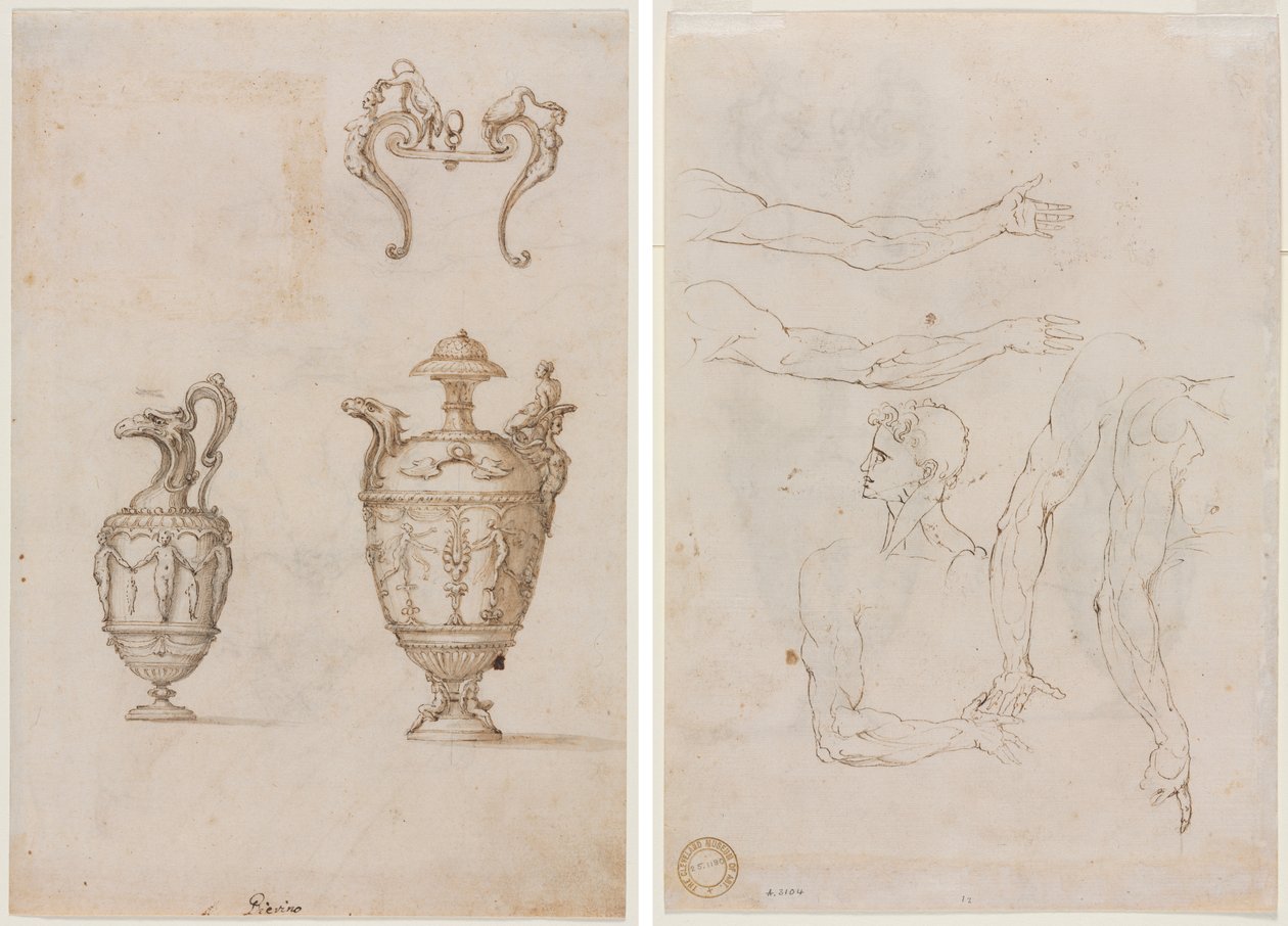 Conception pour deux vases et un ornement (recto); Esquisses de cinq bras et une tête (verso) - Unknown artist