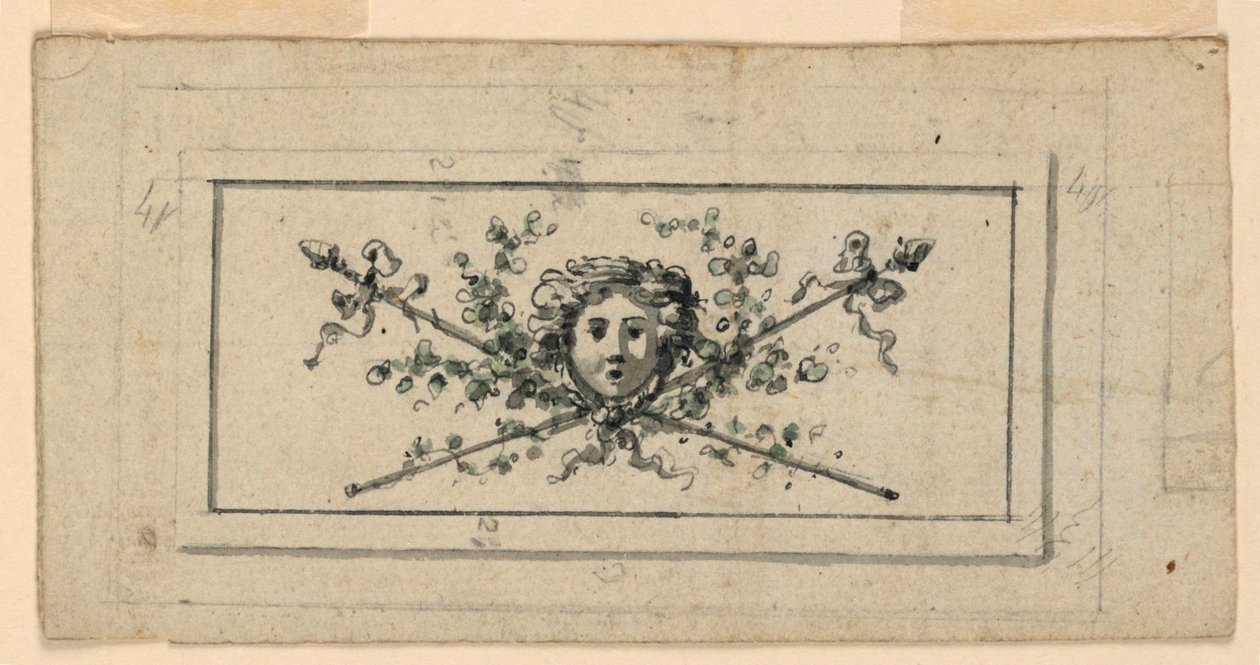 Conception pour un panneau avec une tête devant deux thyrses croisés - Unknown artist
