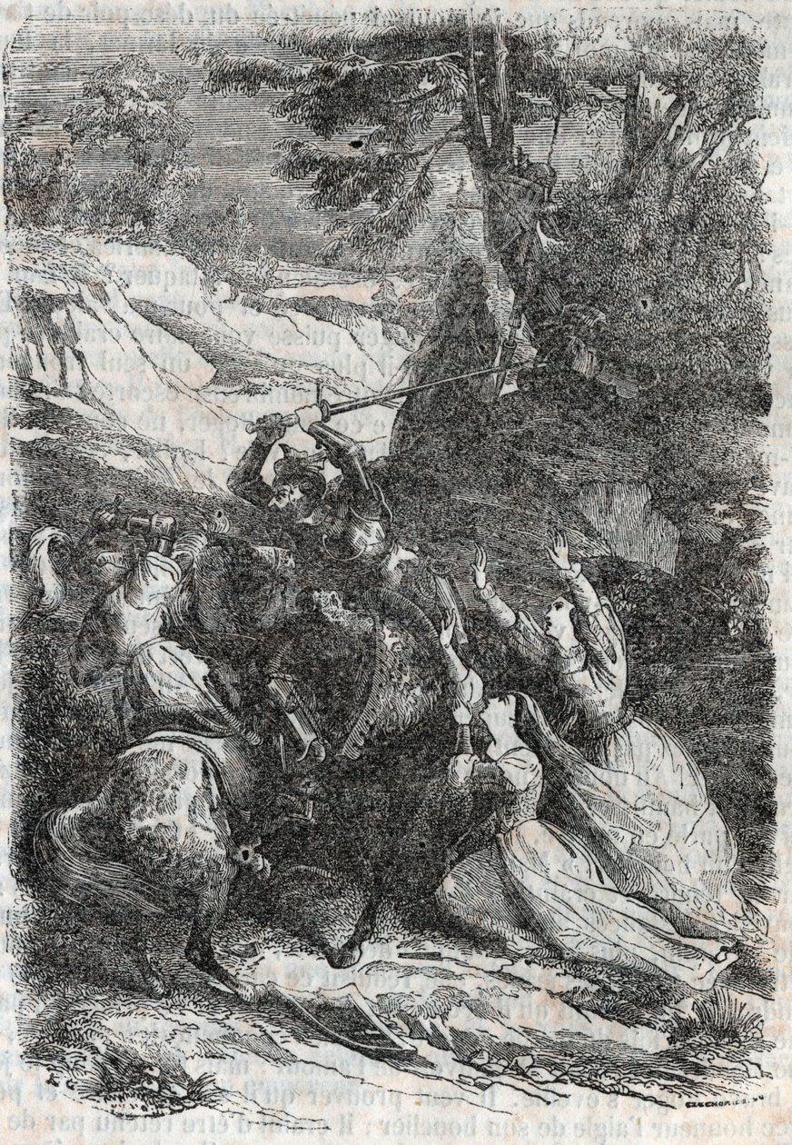 Doralice et Isabelle veulent séparer Mandricard et Zerbin - gravure de 1851 de « Roland furieux » - Unknown artist