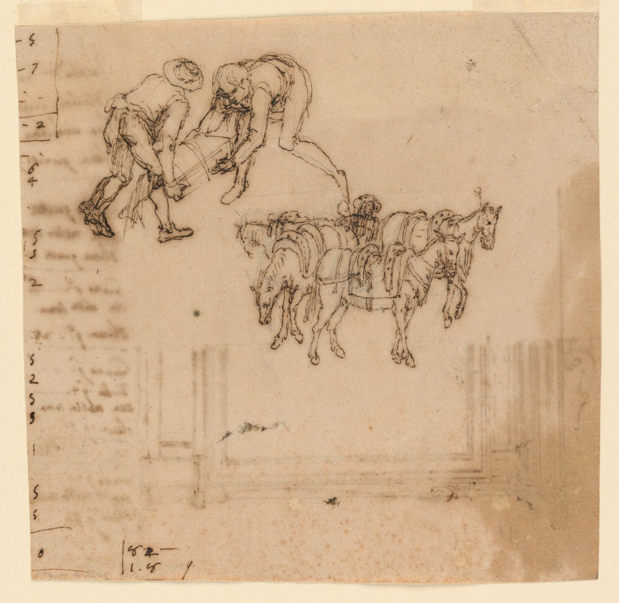 Dessin: A) Deux hommes portant un tronc; quatre mules avec un conducteur. B) Projet pour un cadre - Unknown artist