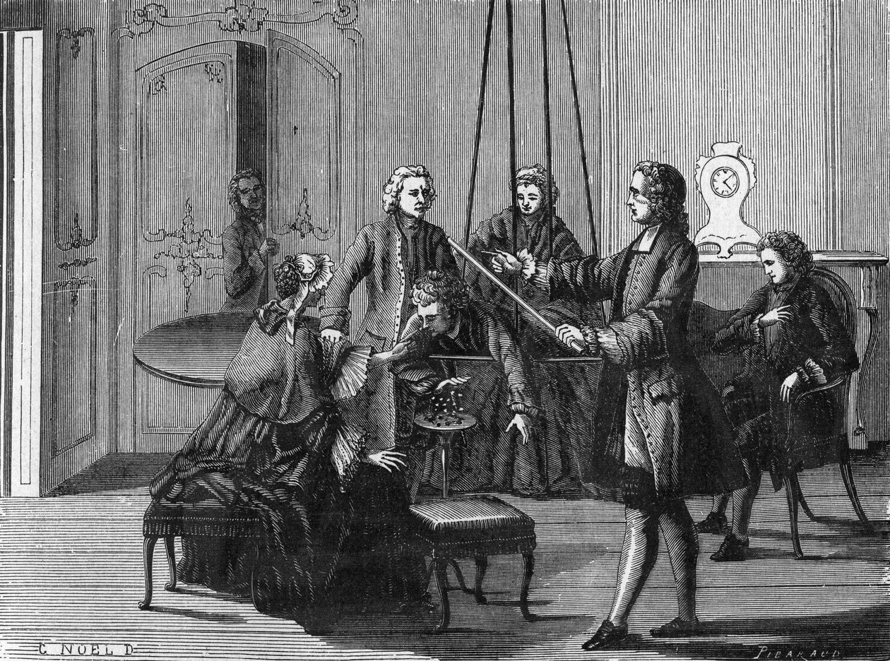 Expérience de Dufay. Charles François Du Fay (Dufay ?) (1698 - 1739), chimiste et physicien français a montré que des étincelles électriques peuvent être tirées du corps humain. Gravure de l