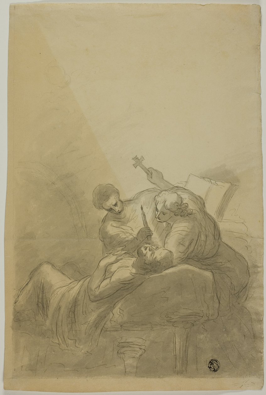 Homme mourant assisté par deux figures tenant une bougie, un livre et une croix - Unknown artist
