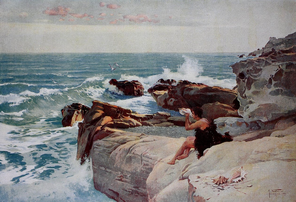 Soirée au bord de la mer, jeune homme avec une grande coquille assis sur le rivage - Unknown artist