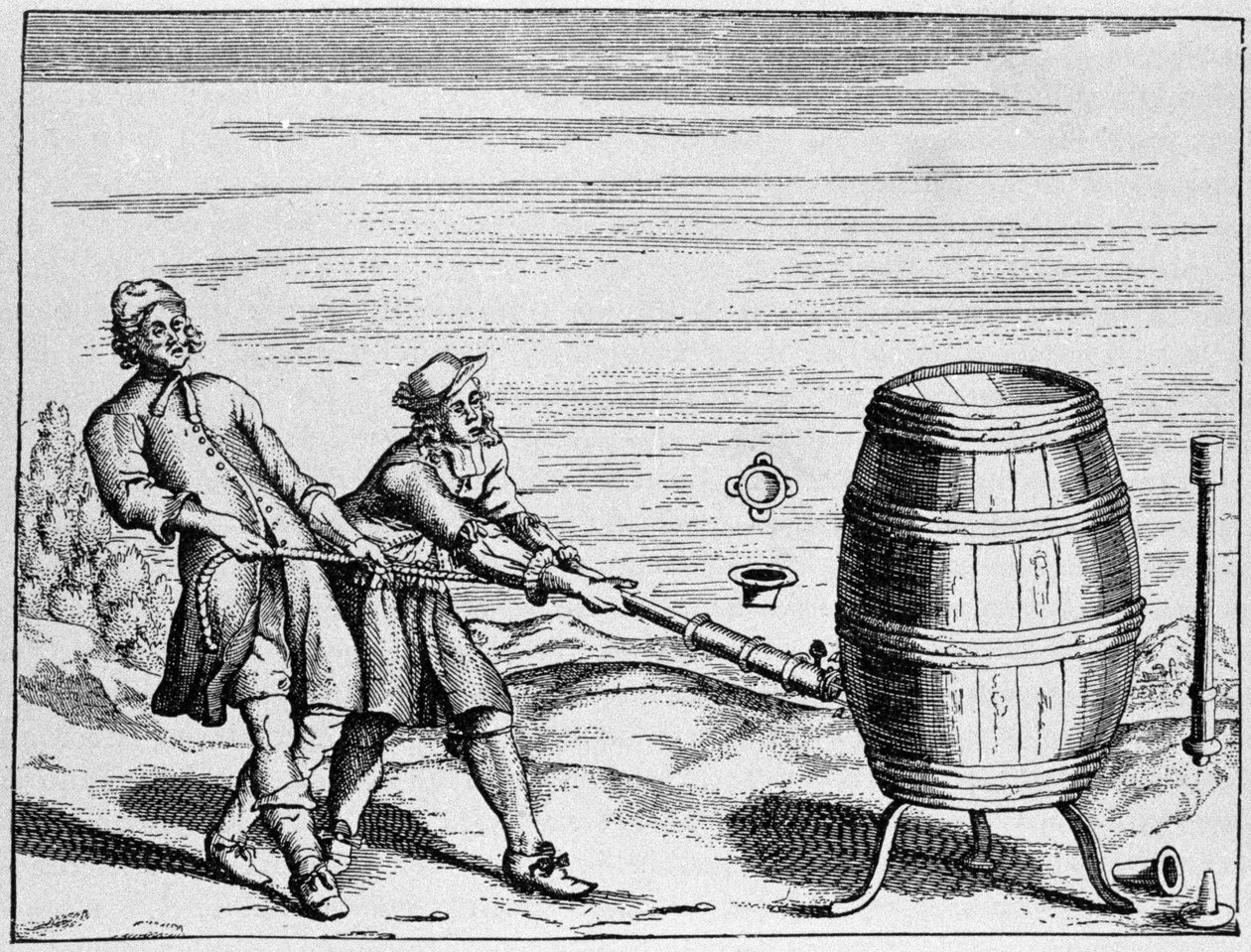 Expérience réalisée par le scientifique allemand Otto von Guericke pour calculer la pression atmosphérique. Planche tirée de "Ottonis de Guericke: Experimenta Nova Magdeburgica de vacuo spatio" par Otto von Guericke - Unknown artist