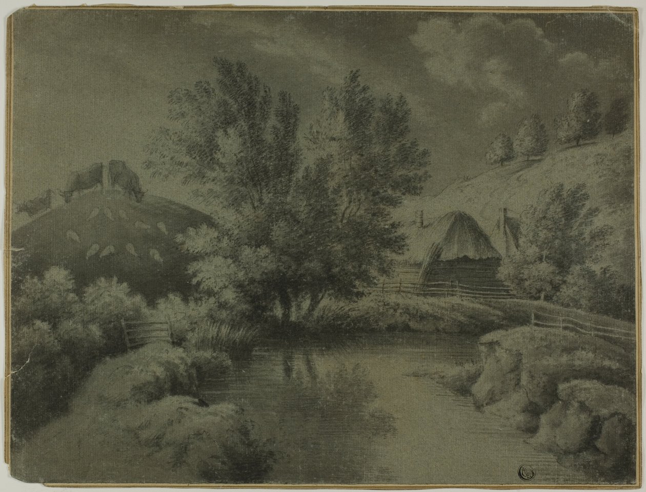 Ferme avec étang au premier plan, vaches paissant sur la colline - Unknown artist