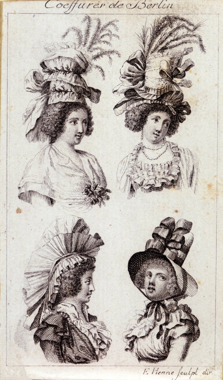 Mode du 18e siècle : les chapeaux des femmes de Berlin. Gravure de 1793. - Unknown artist