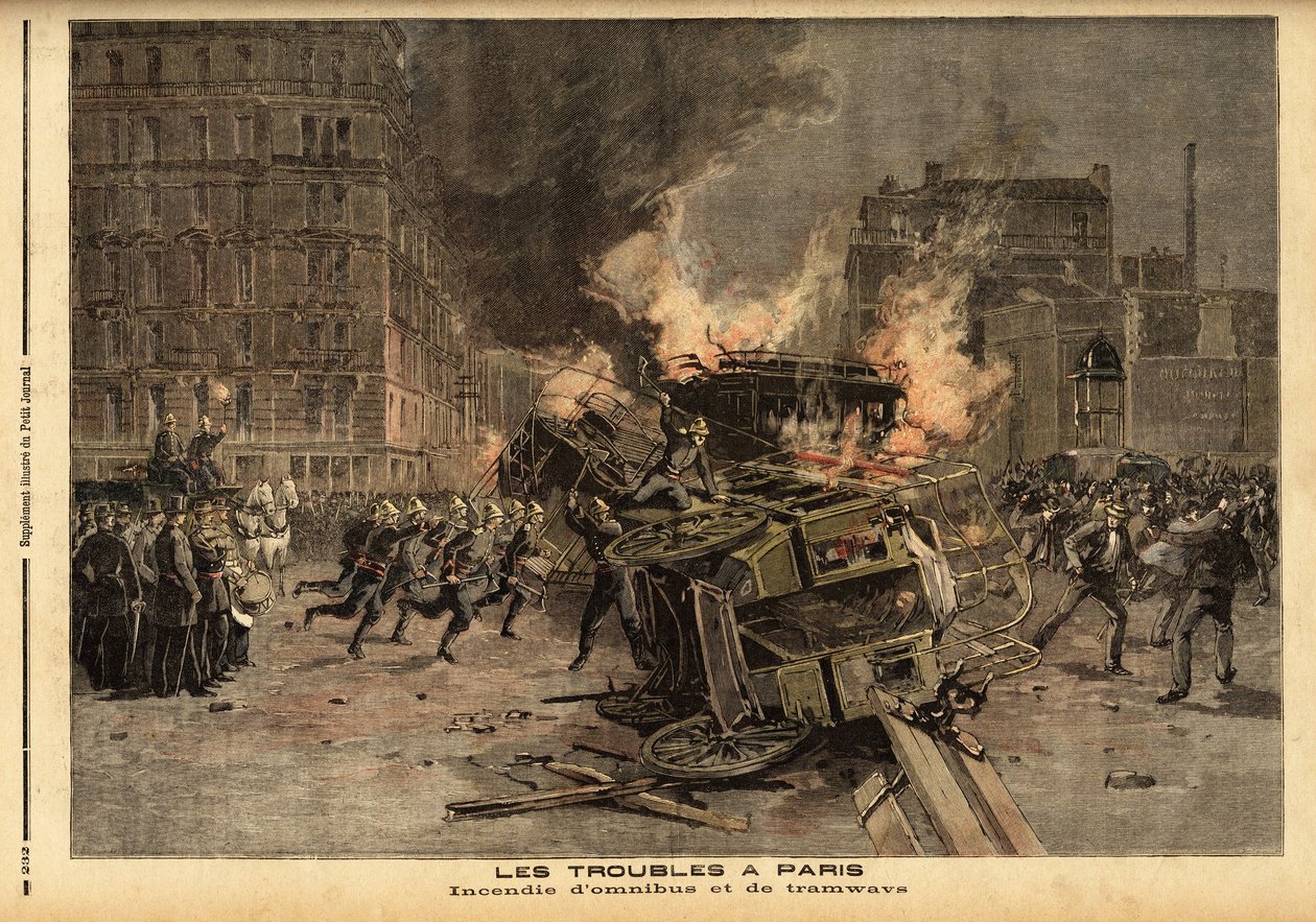 Incendie des omnibus et tramways à Paris : une manifestation étudiante brutalement réprimée se transforme en émeute générale. Gravure dans "Le petit journal" 22/07/1893. Collection Selva. - Unknown artist