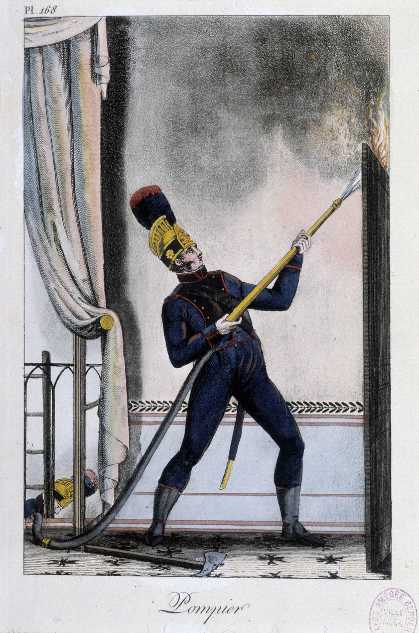 Pompier avec lance à eau, éteignant un incendie - vers 1830 - Unknown artist