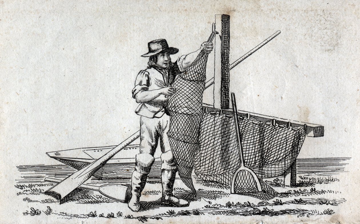 Pêcheur et filet de pêche. Belle gravure du XVIIIe siècle. Collection privée. - Unknown artist
