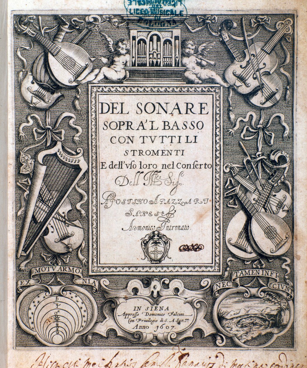 Frontispice de del sonare sopra il basso par Agostino Agazzari
