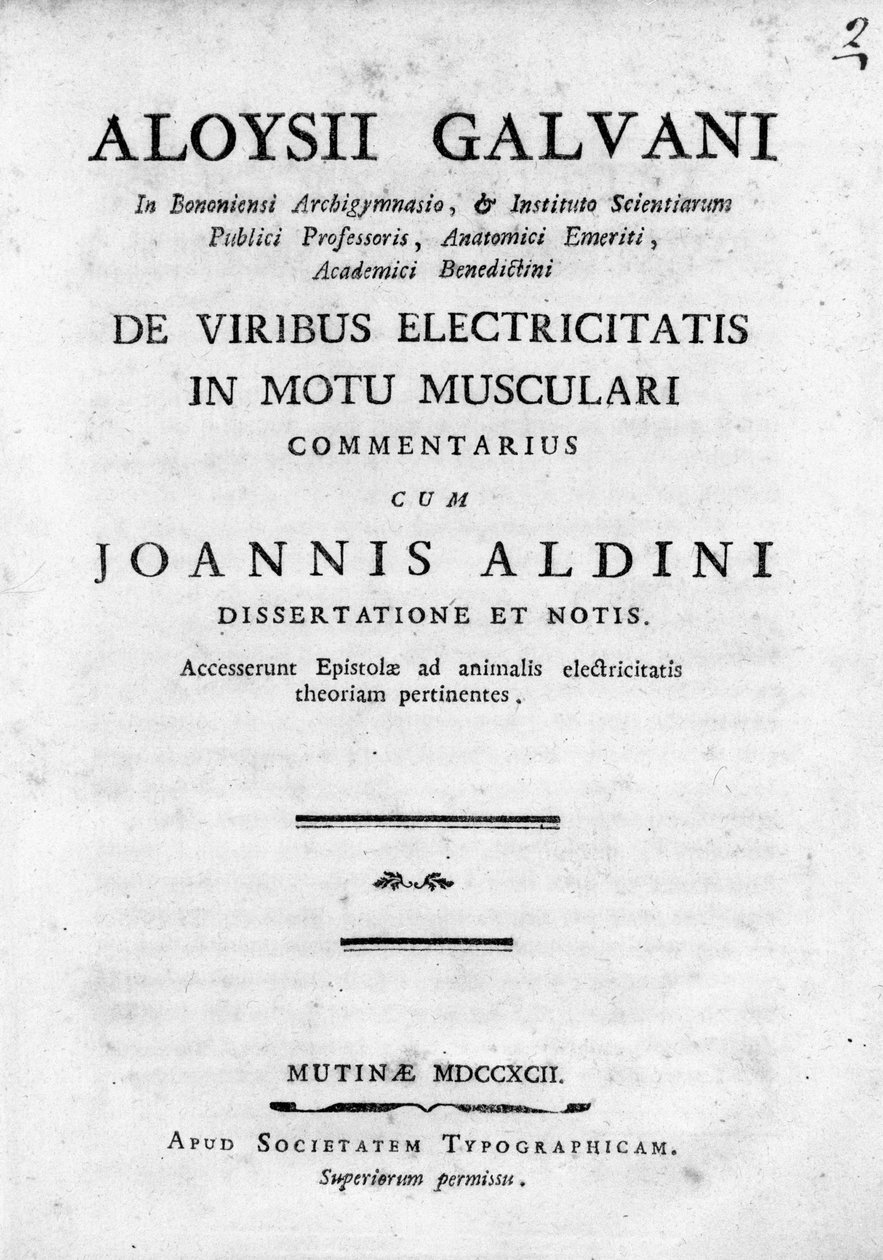 Frontispice de « De Viribus Electricitatis in Motu Musculari Commentarius » Un traité sur la circulation de l