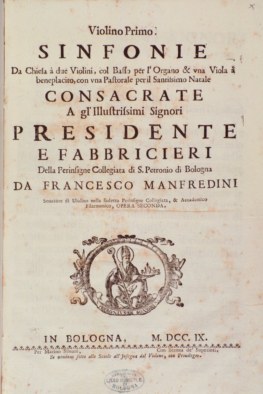 Frontispice de la partition musicale de Sinfonia da chiesa e due violini par Francesco Manfredini - Unknown artist