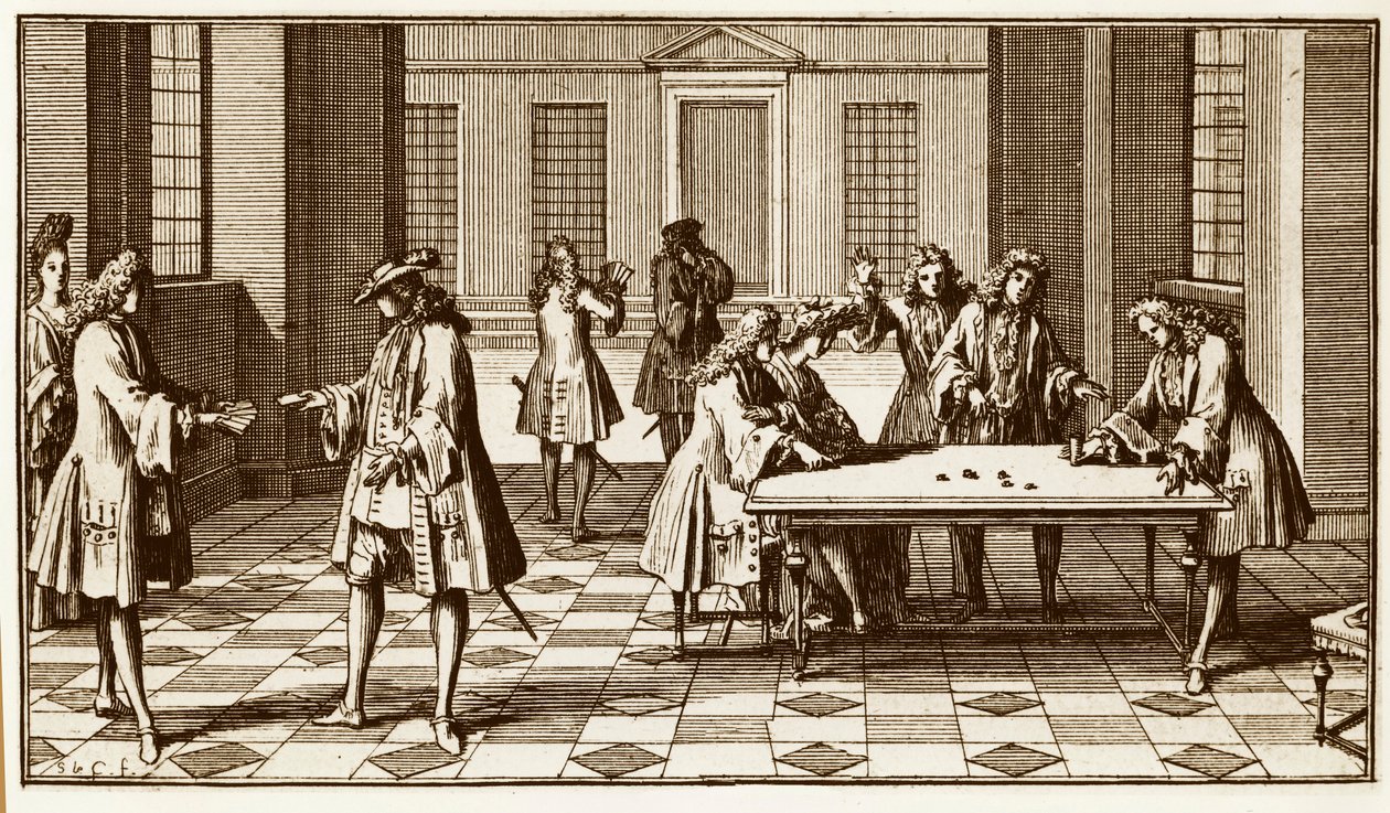 Salle de jeux au XVIIIe siècle - Gravure de Sebastien Le Clerc dans « Essai d