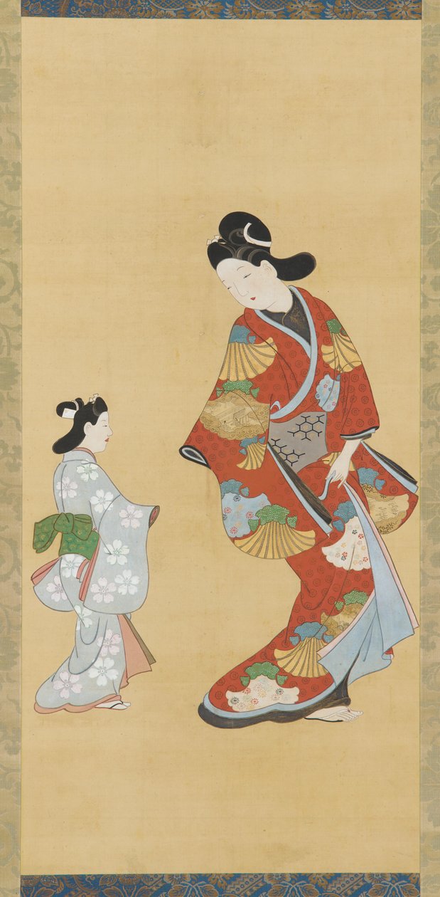 Fille en robe écarlate et dorée avec un enfant - Unknown artist