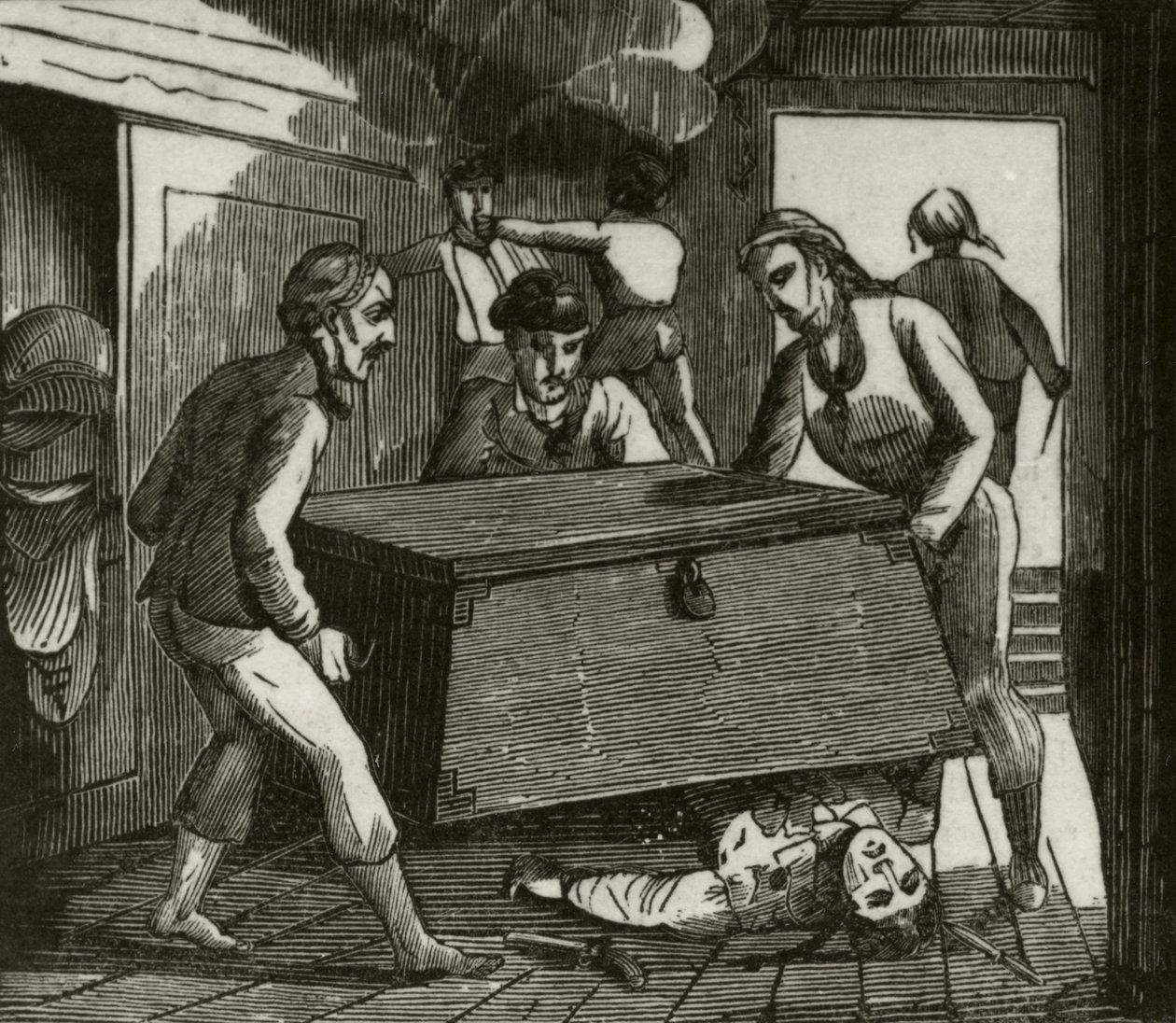 Gordon et ses compagnons pressant le capitaine français à mort avec un grand coffre, vers 1836 - Unknown artist