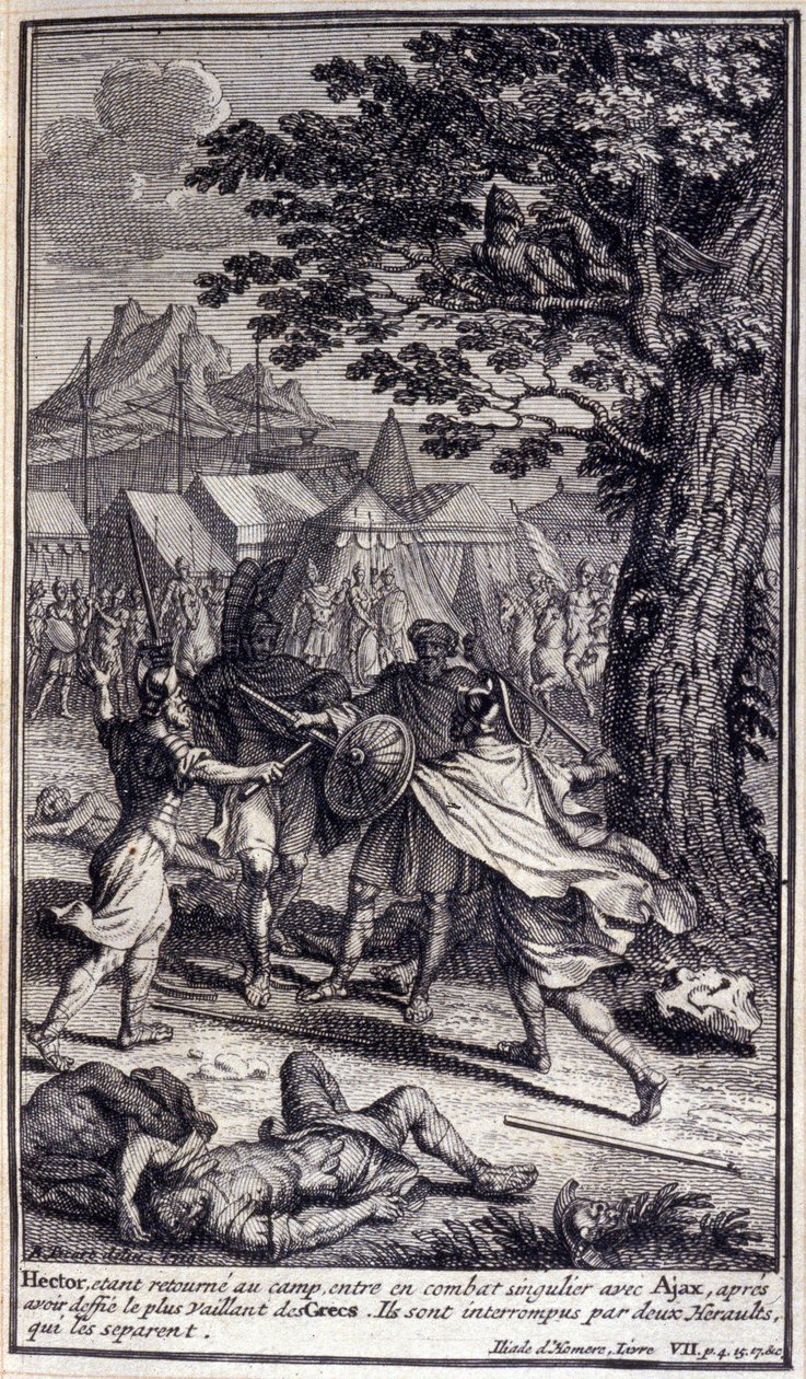Hector, retournant au camp, entre dans un combat singulier avec Ajax, après avoir défié le plus vaillant des Grecs. Ils sont interrompus par deux hérauts qui les séparent. Illustration du livre VII de l
