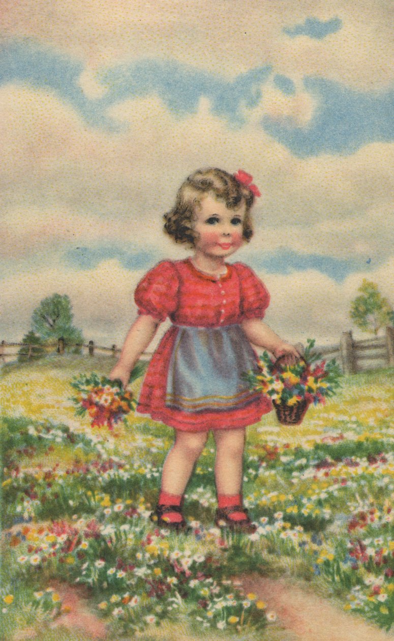 Carte postale historique avec une fille heureuse dans le pré, carte de vœux - Unknown artist
