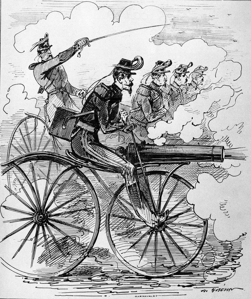 Gravure humoristique : Vélocipédomanie appliquée aux mitrailleuses - XIXe siècle. - Unknown artist