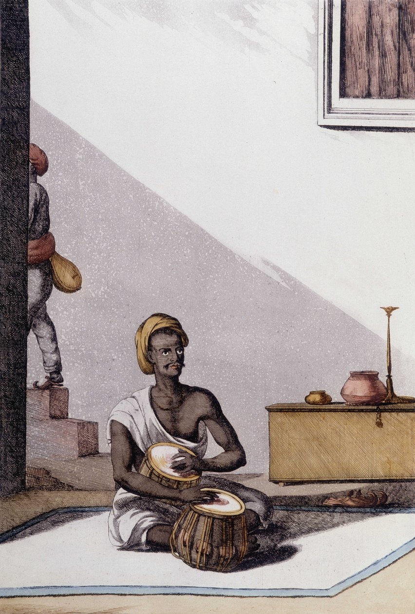Culture et civilisation indiennes : musicien jouant des tablas, instrument de musique traditionnel, Inde. Gravure de 1808. - Unknown artist