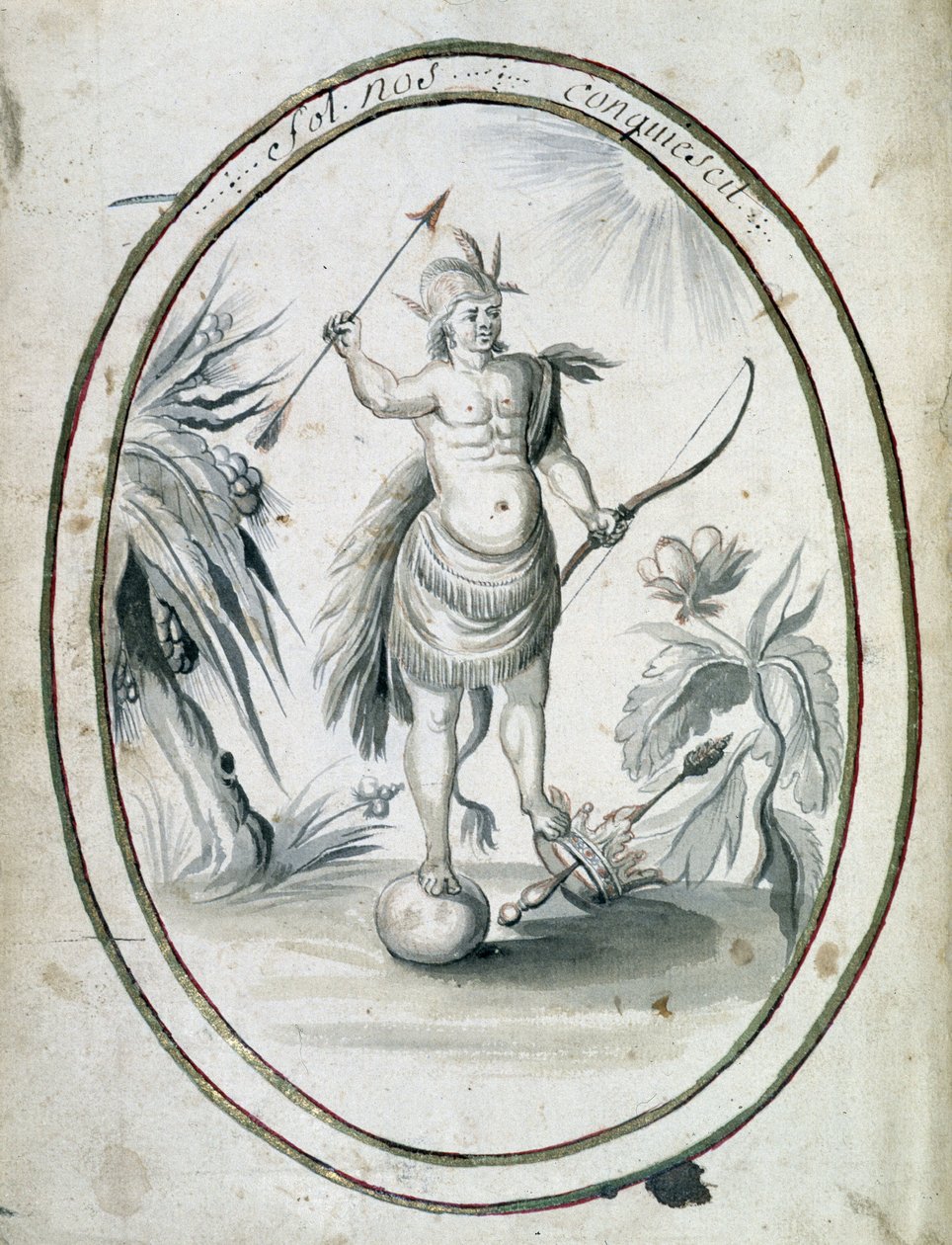 Indien du Canada avec son arc et ses flèches - frontispice du manuscrit « Dialogue ou entretien d